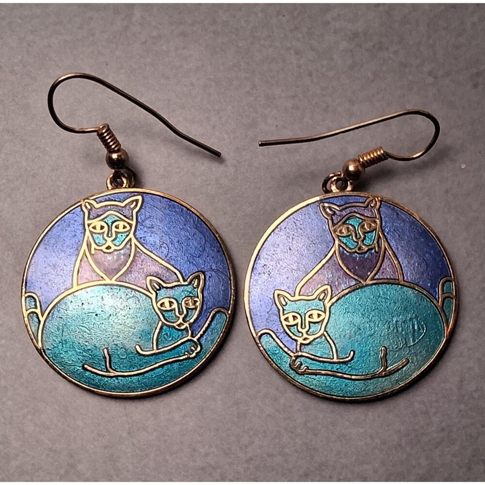 Vintage Meow Cloisonne Earrings Two Cats